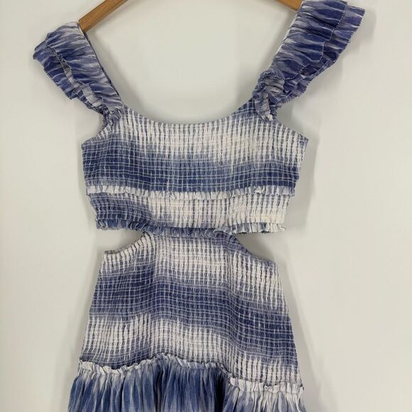 SAYLOR Carlynn Smocked Cut-out Mini Dress in Blue/White | Small - Picture 7 of 8